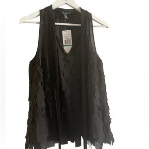 NWT Kenneth Cole Women’s Black Fabric Fringe Tie Neck Classy Blouse Size Large